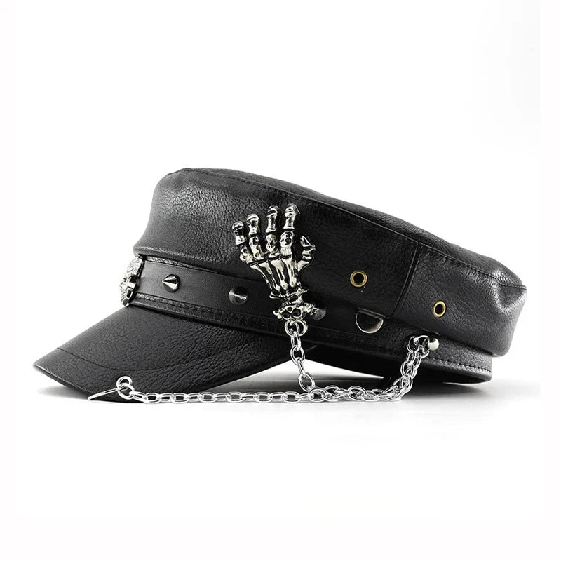 Women’s Punk PU Leather Beret Hat – Vintage Flat Top Military Style Cap for Outdoor Casual Wear & Street Fashion Accessories