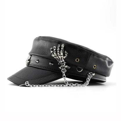 Women’s Punk PU Leather Beret Hat – Vintage Flat Top Military Style Cap for Outdoor Casual Wear & Street Fashion Accessories