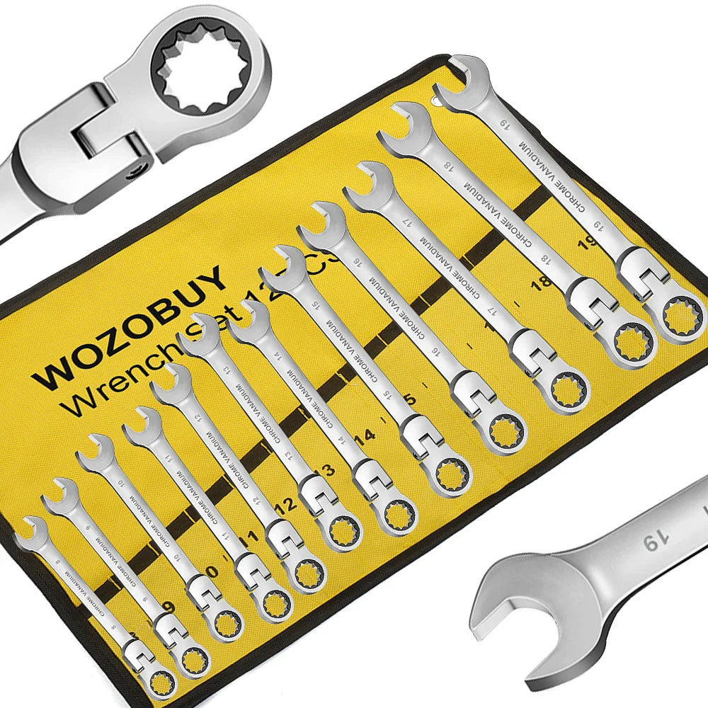 6-22mm Metric Ratcheting Combination Wrench Set – Flex Head Chrome Vanadium Steel Spanners with Carry Bag