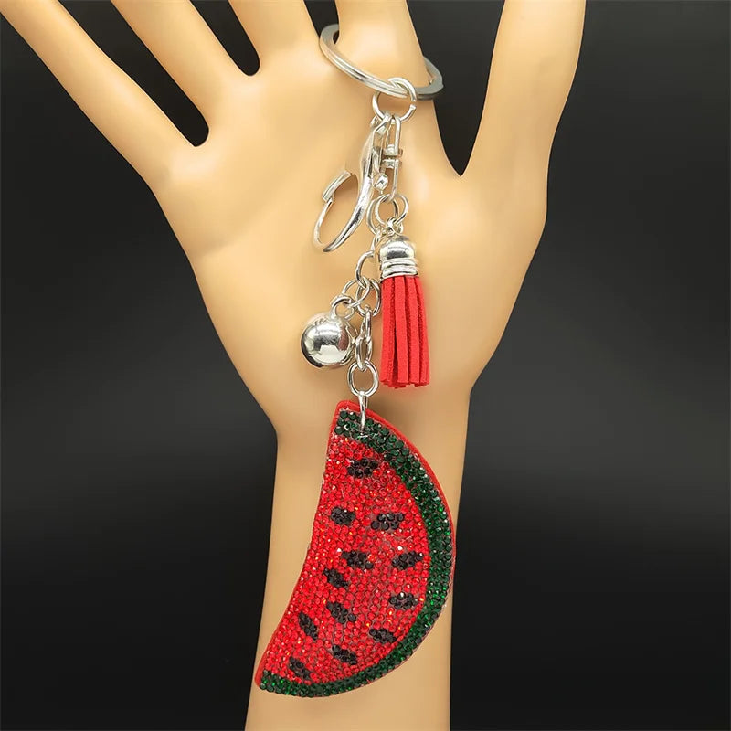 Kawaii Watermelon Crystal Keychain – Gold Alloy Leather Fruit Keyring for Women & Men, Bag & Car Accessory