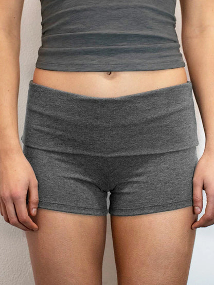 Summer Women’s Slim Solid Color Yoga Shorts — Casual Fold-Over Low Waist Lounge Shorts