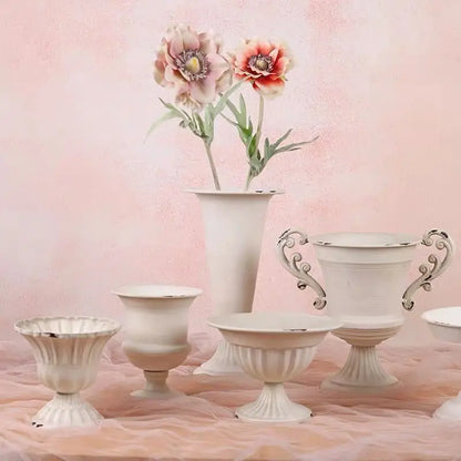 Old Goblet Antique Flower Vase – White Retro European Iron Table Arrangement Container with Handles