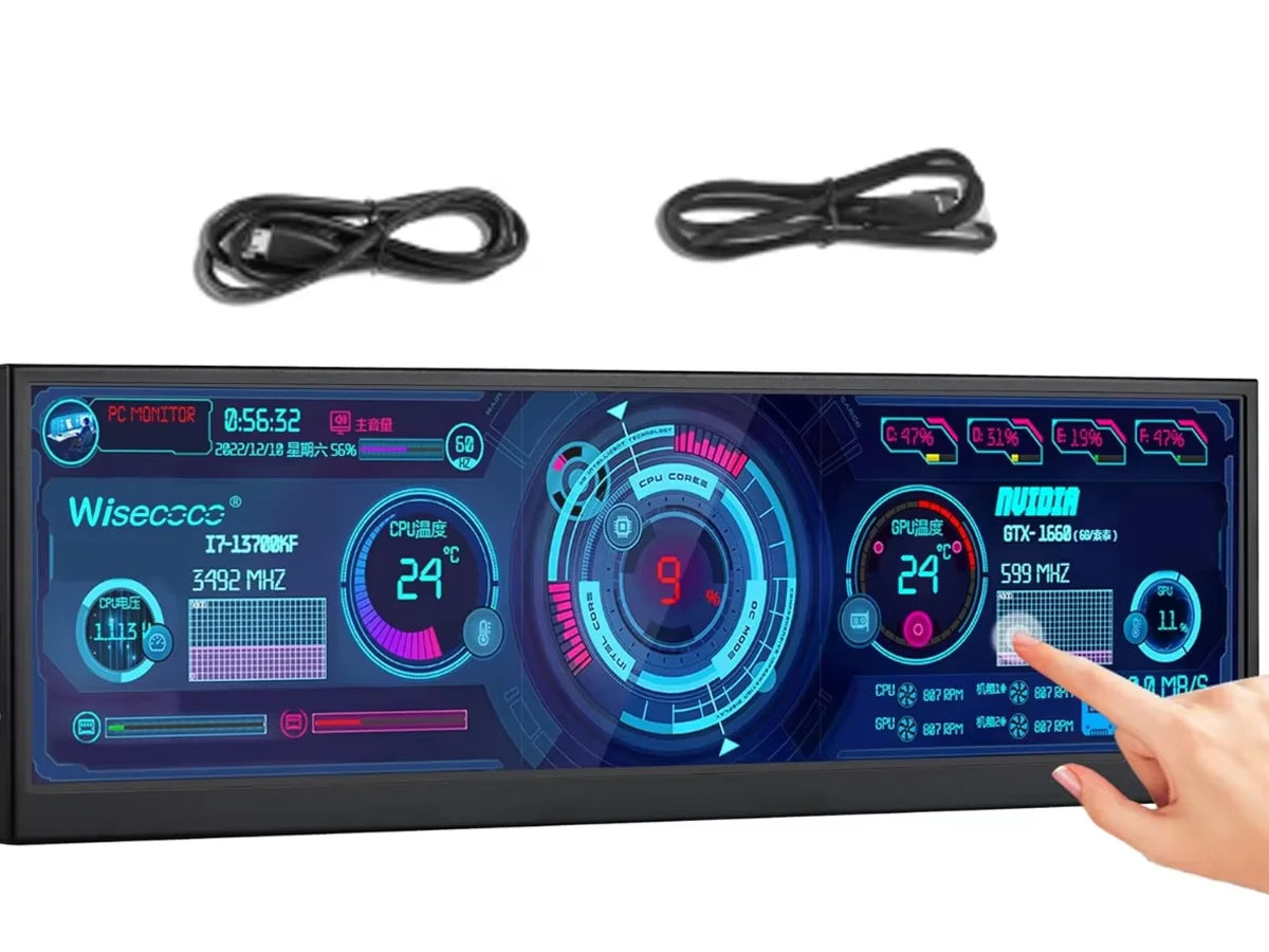 8.8 Inch HDMI Touch Screen Monitor – Long Wide Display with Case, PC Temperature Sensor Panel & Small Extender Monitor