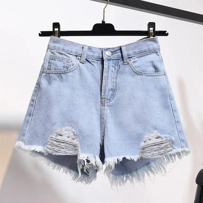 Summer Women’s Korean High Waist Cowboy Denim Shorts — Casual White Jeans with Pockets, Tassels & Ripped Holes Y2K Style