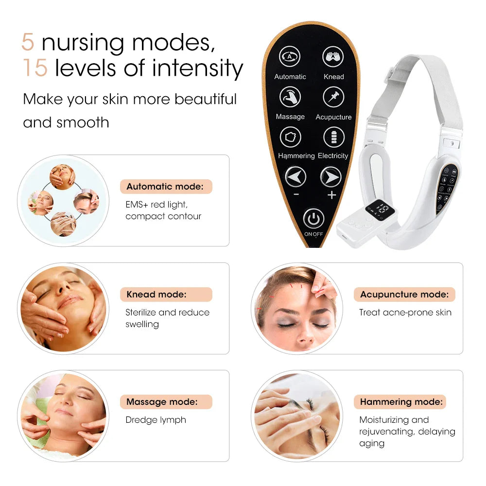 Face Lifting Device with Red Light — V-Face Massager for Double Chin Lift & Skin Rejuvenation, Remote-Controlled Facial Beauty Tool
