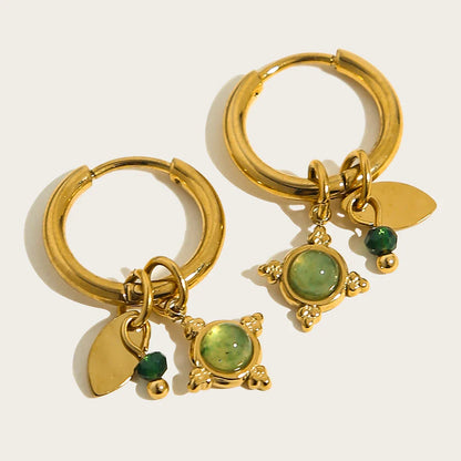 YACHAN 18K Gold-Plated Stainless Steel Hoop Earrings — Vintage Green Stone Charms, Trendy Waterproof Jewelry for Women
