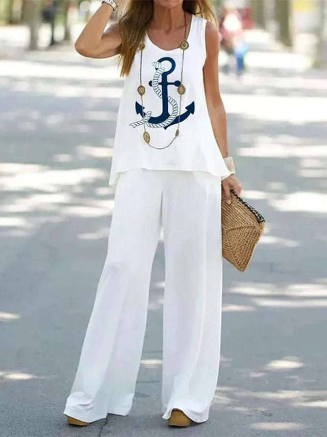 Women Printed 2-Piece Summer Suit Set – Sleeveless Round Neck Top & Wide Leg Pants Casual Loose Fit Outfit