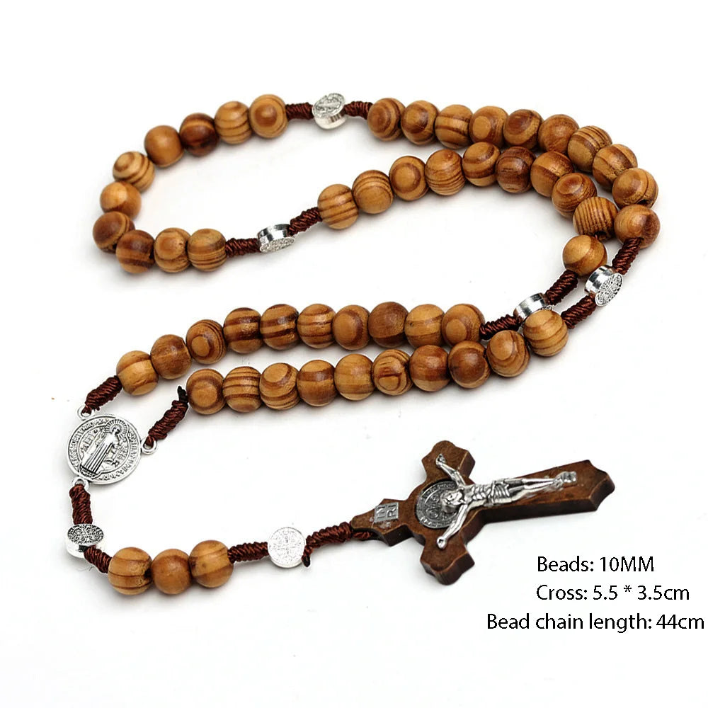 10MM Wood Bead Rosary Cross Necklace – Christian Virgin Mary INRI Pendant Chain for Men & Women Religious Jewelry