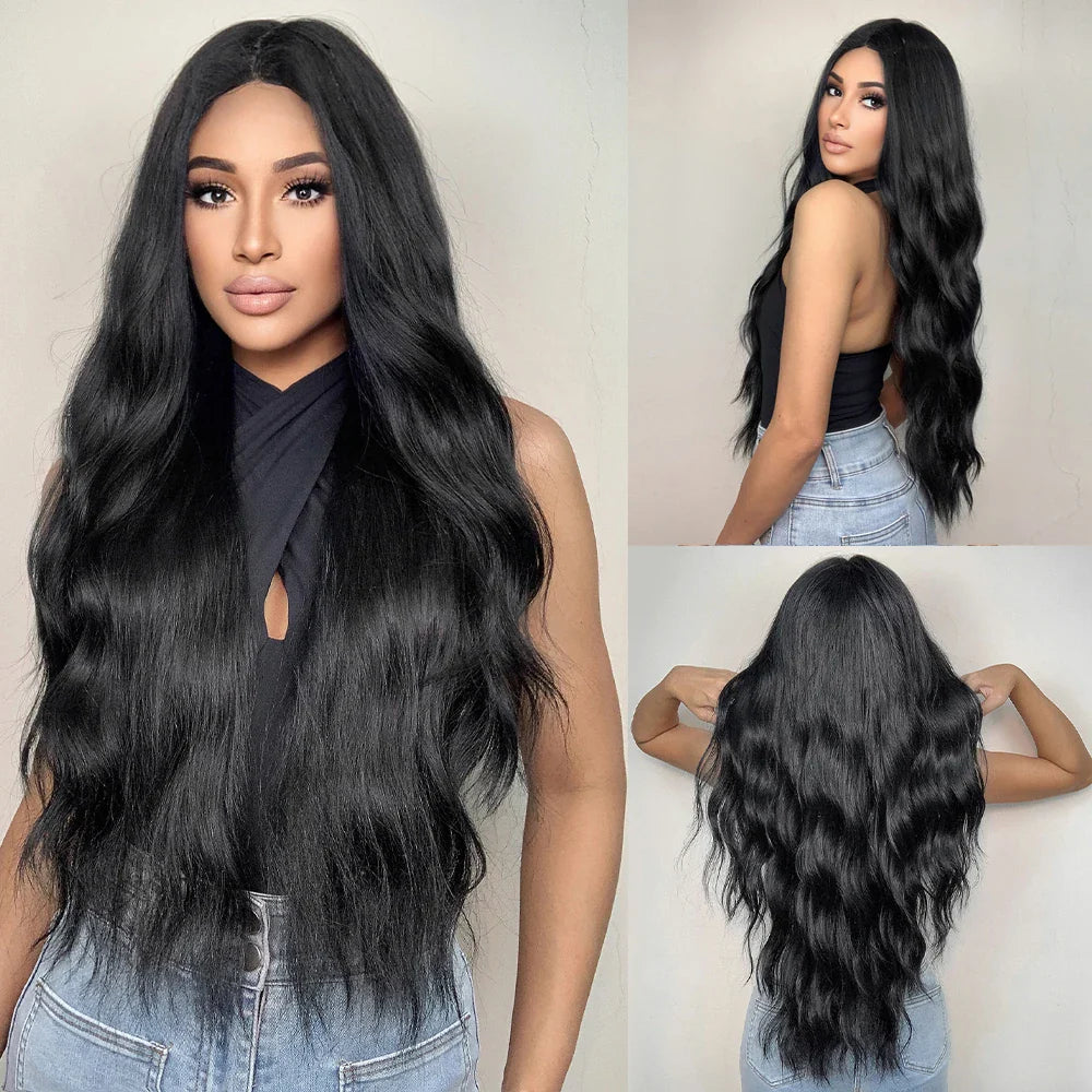 ALAN EATON Black Long Wavy Synthetic Wig – Natural Afro Hair, Middle Part, Heat-Resistant Fiber for Daily Use