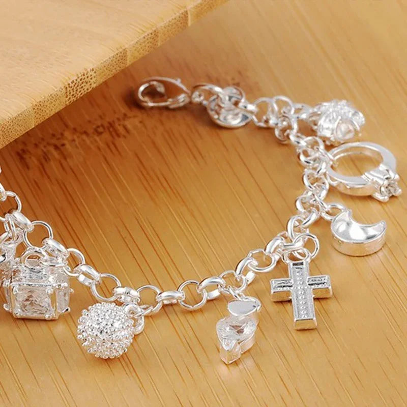 925 Sterling Silver 13-Piece Charm Bracelet – Fashion Pendant Chain Jewelry for Women & Teens
