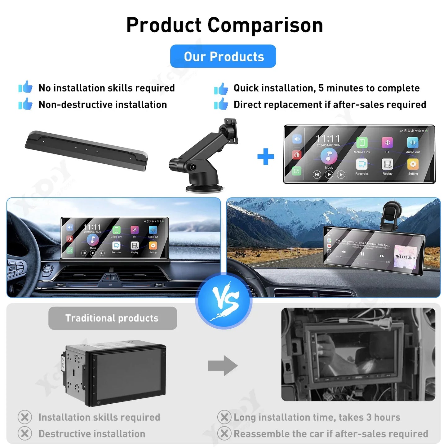 XGODY 11.3" 4K Dash Cam – Wireless CarPlay, Android Auto, ADAS, GPS, Bluetooth, AUX DVR