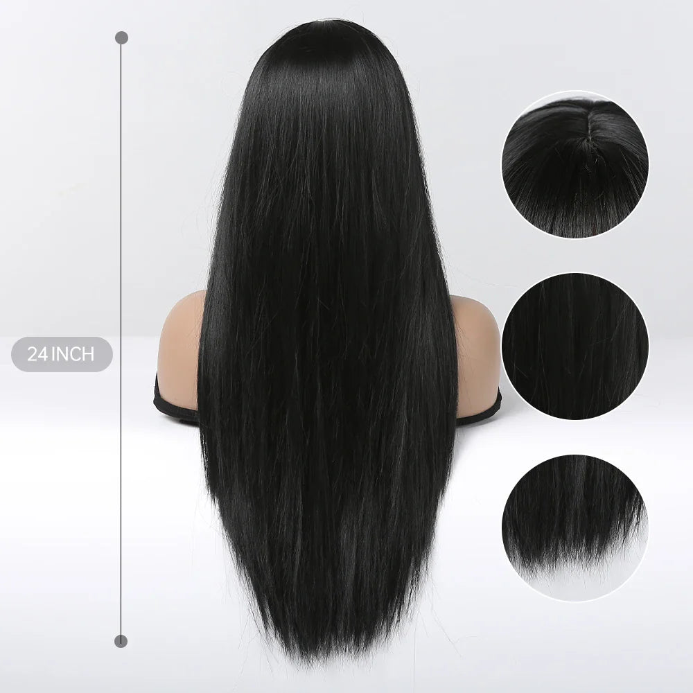 EASIHAIR Long Silky Straight Synthetic Wigs with Bangs: Black Cosplay Party Lolita Hair Wigs for Women - Natural Heat Resistant Wig
