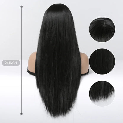 EASIHAIR Long Silky Straight Synthetic Wigs with Bangs: Black Cosplay Party Lolita Hair Wigs for Women - Natural Heat Resistant Wig