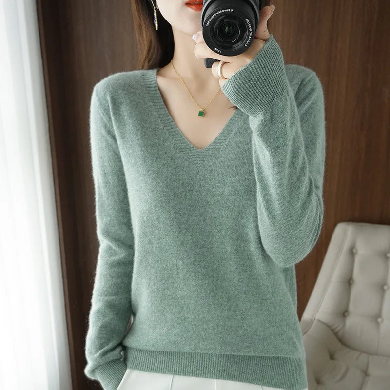 New Women’s Cashmere V-Neck Pullover – Lace Hollow Out Long Sleeve Knitted Sweater for Fall & Winter