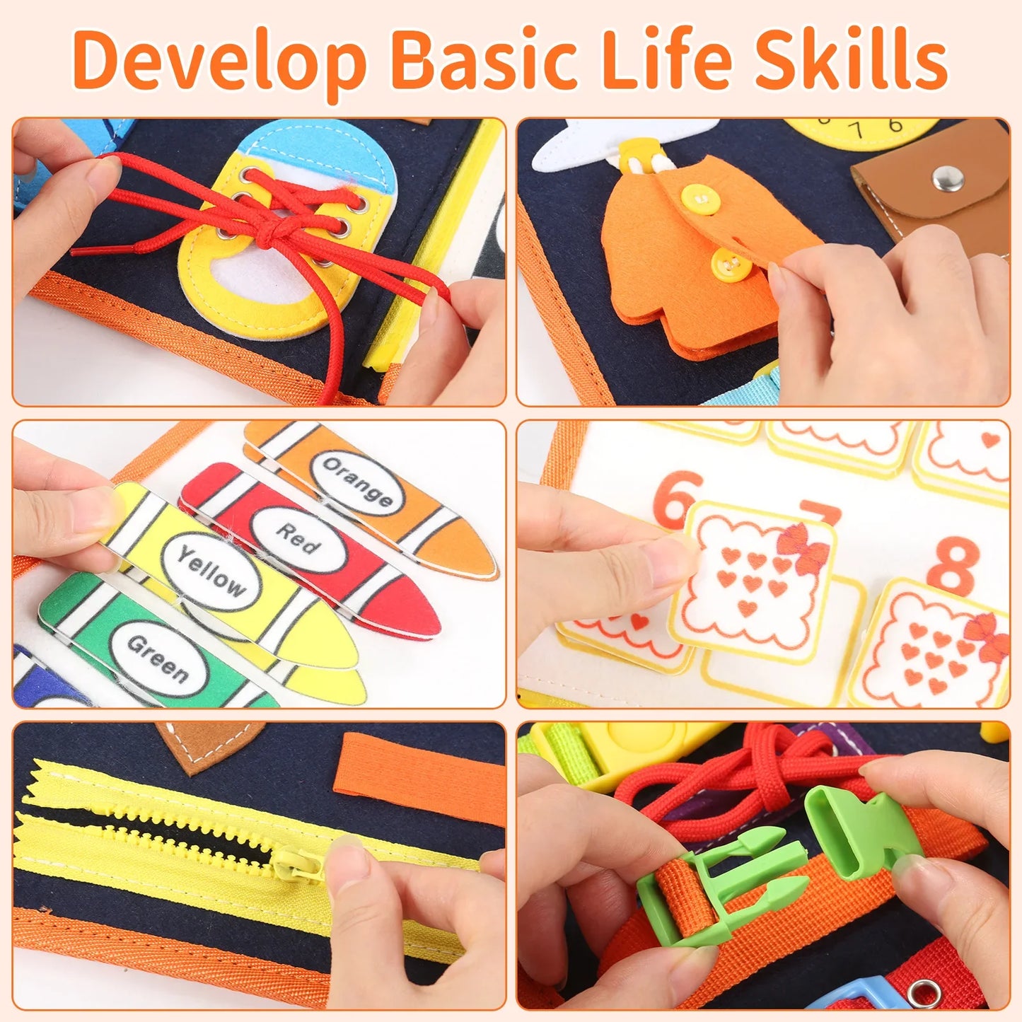 TUNJILOOL Montessori Busy Board – Early Educational Toy for Toddlers, Felt Cloth Story Book, 3D Shape & Color Match