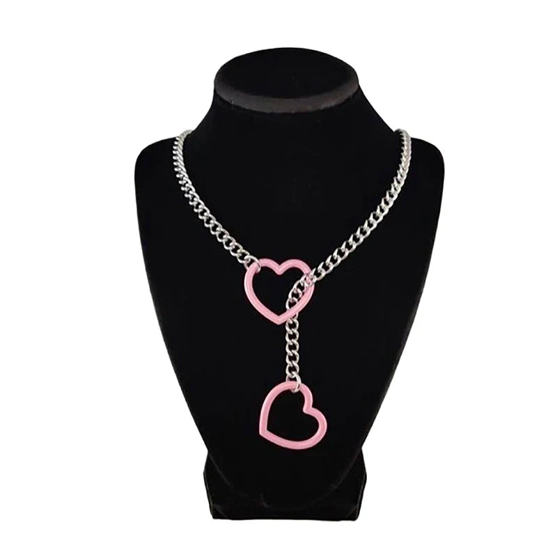 Heart O-Ring Punk Rock Necklace – Stainless Steel Cuban Chain Y-Necklace for Women