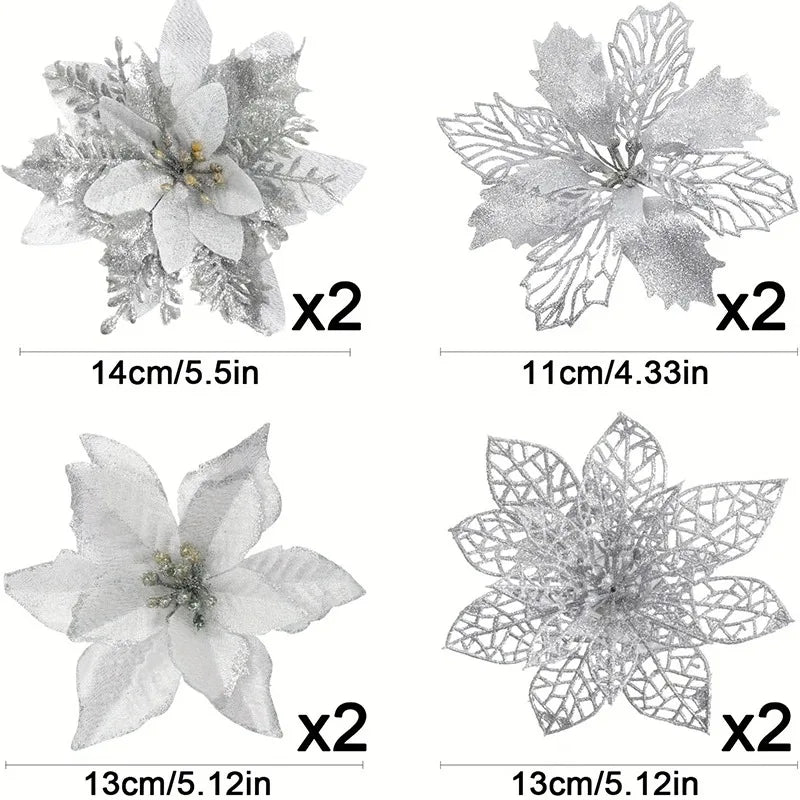 8/16PCS Christmas Decoration Set – Glitter Artificial Flowers for Tree, Home Decor, Xmas Ornaments, and New Year Decoration