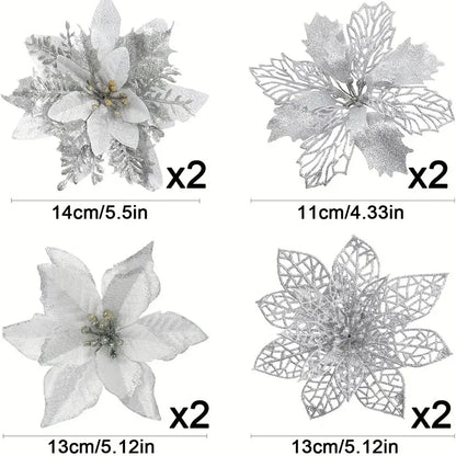 8/16PCS Christmas Decoration Set – Glitter Artificial Flowers for Tree, Home Decor, Xmas Ornaments, and New Year Decoration