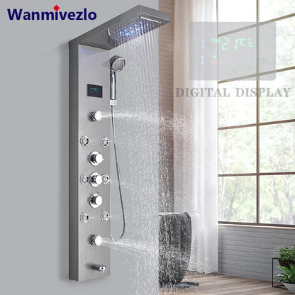 LED Light Bathroom Shower Faucet Set - Rainfall Shower Panel System with Temperature Display, Water Mixer Tap, and SPA Massage Feature