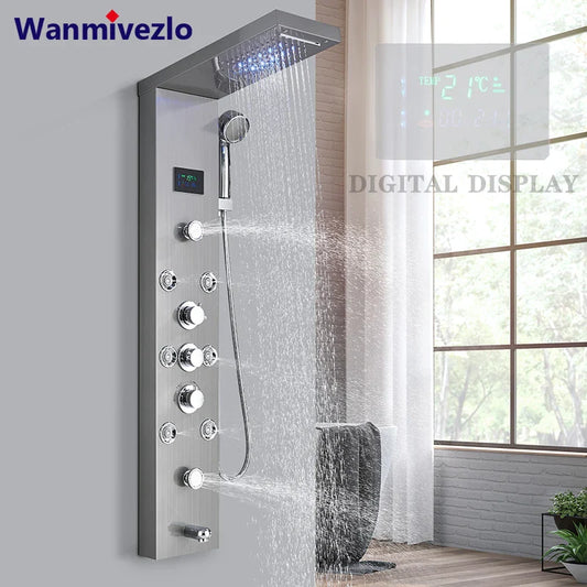 LED Light Bathroom Shower Faucet Set - Rainfall Shower Panel System with Temperature Display, Water Mixer Tap, and SPA Massage Feature