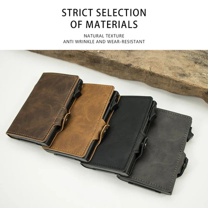 CASEKEY PU Leather Men’s Pop-Up Card Holder Wallet – Slim Minimalist Anti-RFID Smart Wallet with Money Clip & ID Window