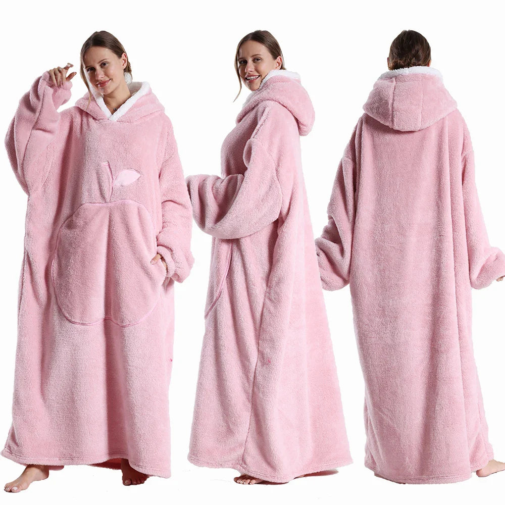 Extra Long Wearable Blanket - Winter Flannel Hooded Blanket with Full Sleeves, Cozy Soft Throw for Men and Women