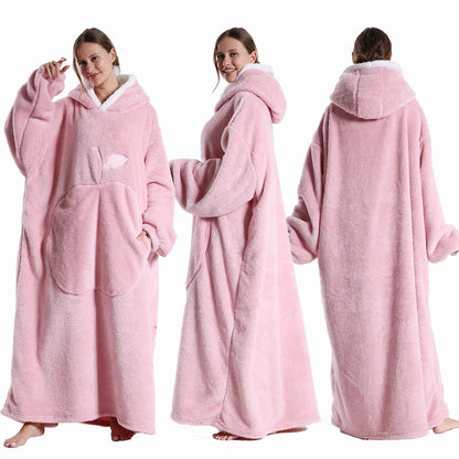 Extra Long Wearable Blanket - Winter Flannel Hooded Blanket with Full Sleeves, Cozy Soft Throw for Men and Women