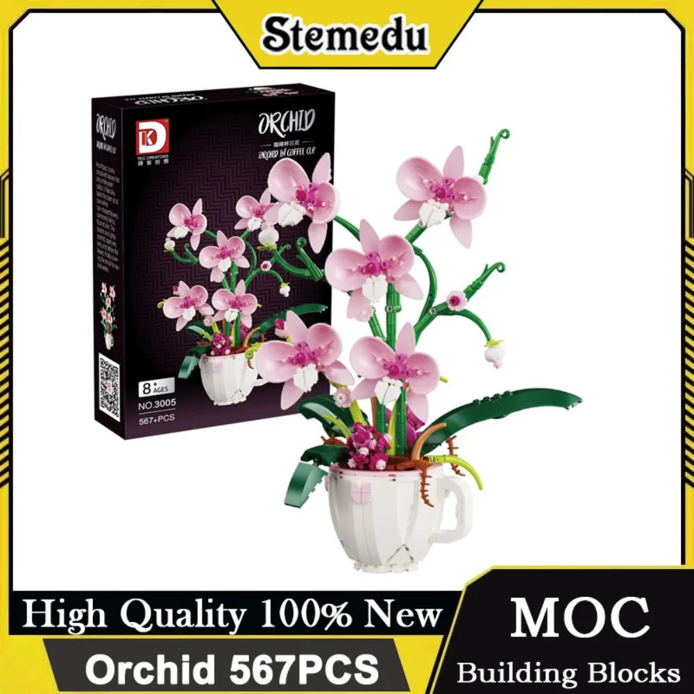 MOC Pink Orchid Flower Bouquet Building Block Kit – DIY Bonsai Plant Model for Romantic Home Decor, Creative Gift for Teens & Adults