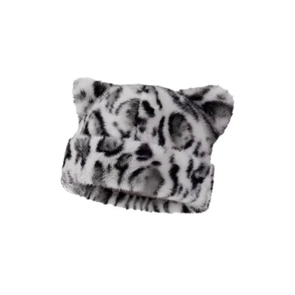 Leopard Print Plush Teddy Bear Hat – Sweet & Cute Women’s Hooded Beanie, Thick, Warm & Retro Style