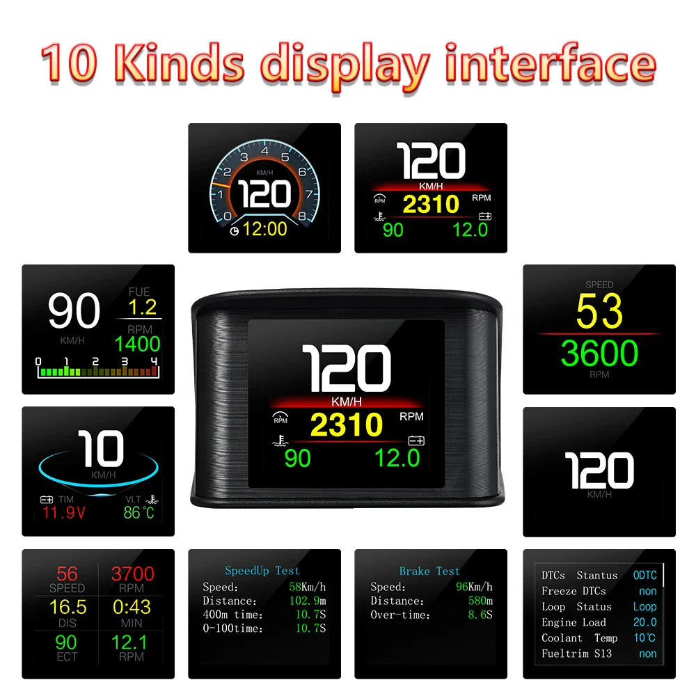 P10 Pro Head-Up Display – On-Board OBD2 Computer with Digital Speedometer, Mileage, Temperature & Driving Data Gauge