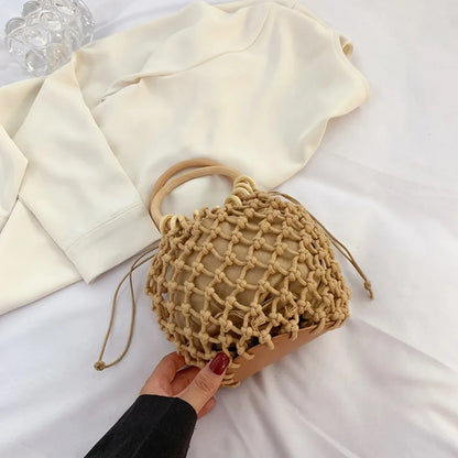 Handmade Woven Straw Handbag – Elegant Bucket Tote Wrist Pack for Women, Travel & Leisure