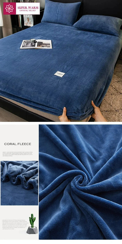 Soft Warm Plush Fitted Sheet – Elastic Coral Fleece Mattress Cover for Winter, Luxury Double Bed Bedding