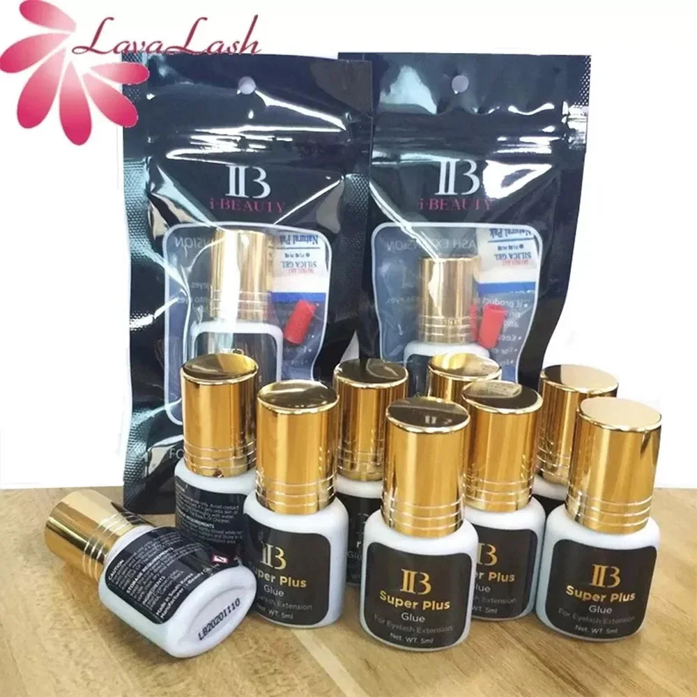 IB Super Plus Eyelash Extension Glue — 5/10 Bottles Original IBeauty Gold Cap Black Adhesive for False Lashes and Makeup Tools
