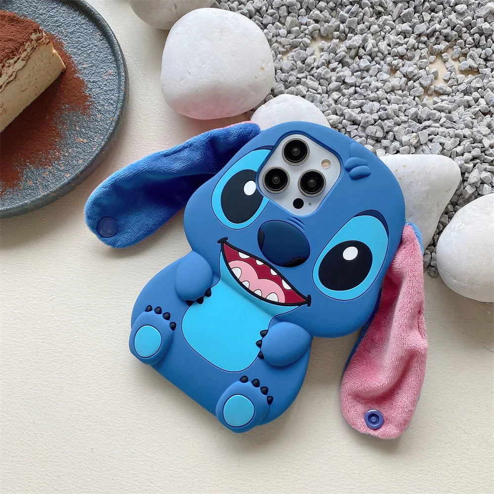 3D Cartoon Stitch Keychain Plush Phone Case with Ear Cover – Compatible with Samsung Galaxy S23/S24/S25 Ultra & A14-A34 Series