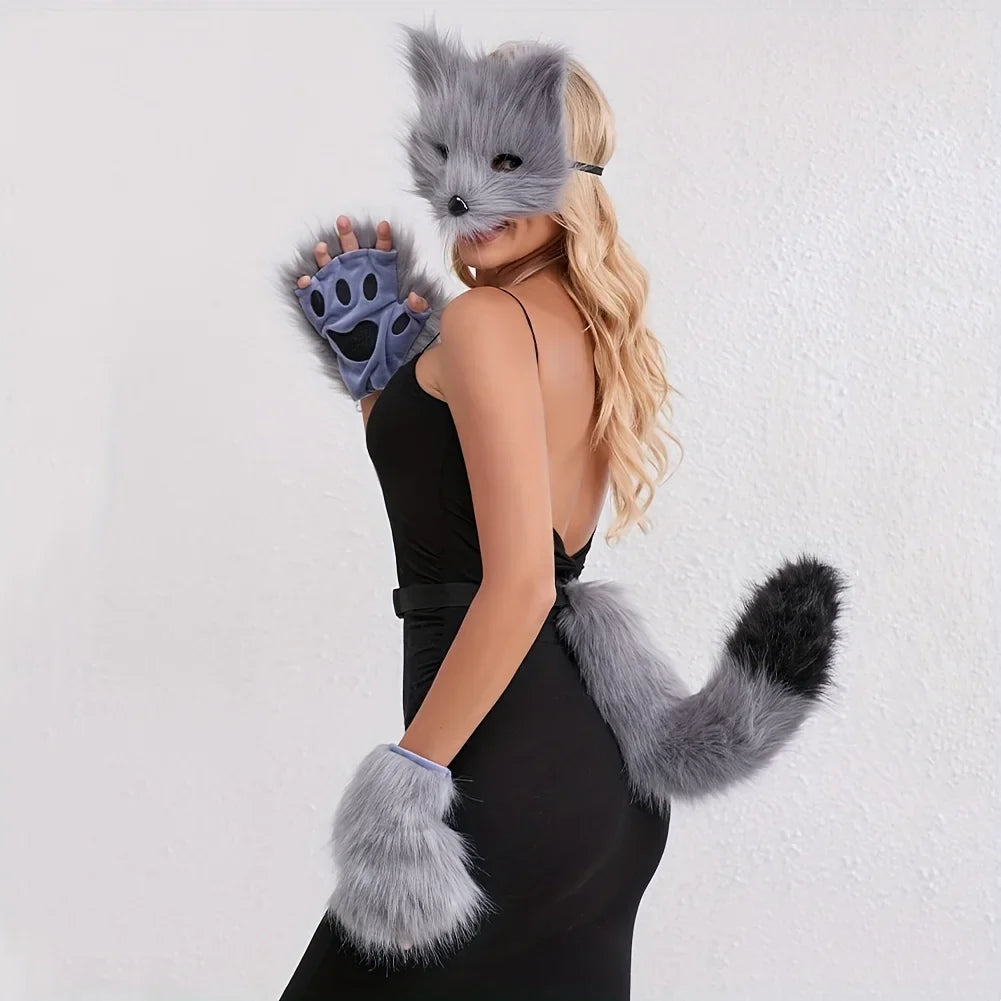 5pcs Fluffy Fur Fox Tail & Cat Paws Gloves Set — Wolf Mask Halloween Cosplay Costume Accessories for Theme Party Dress-Up