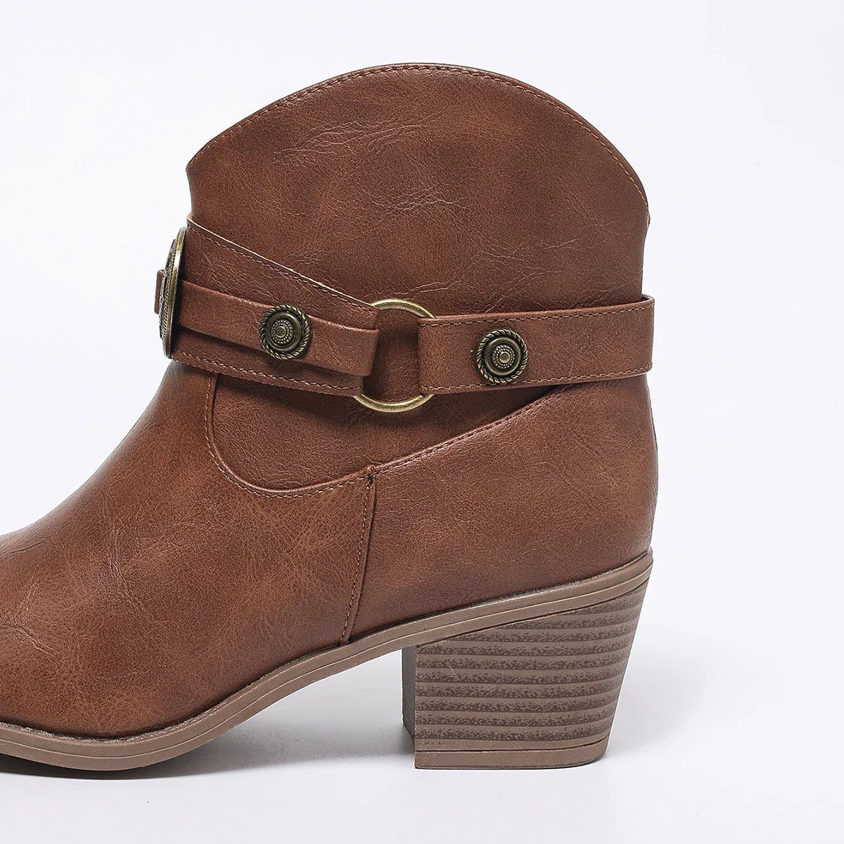 Women’s Round Toe Buckle Strap Boots – Copper Side Zipper Comfortable Versatile Commuting Bare Boots