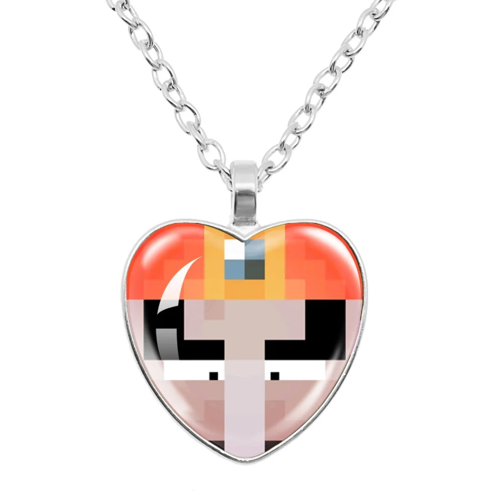 Funny Pixel Block Cartoon Pendant Necklace – 25mm Glass Heart-Shaped Charm, My World Theme Jewelry Gift