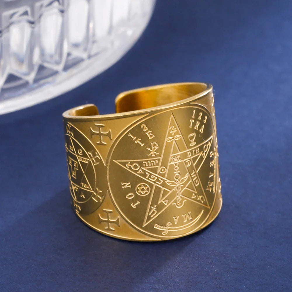 Witchcraft Pentagram Tetragrammaton Ring - Stainless Steel Pentacle Protection Amulet Ring for Men