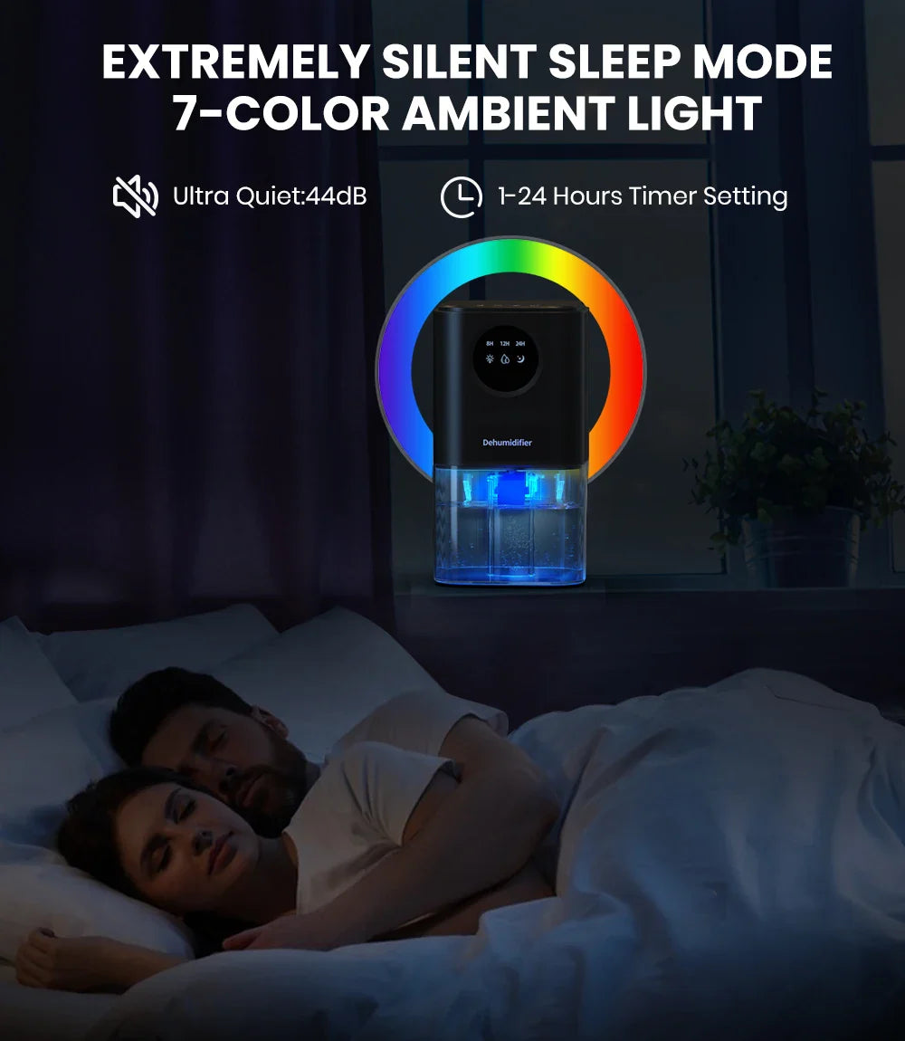 Portable Dehumidifier – 35oz Capacity, Silent Operation, Colorful Lights & Timer Switch for Home & Bedroom