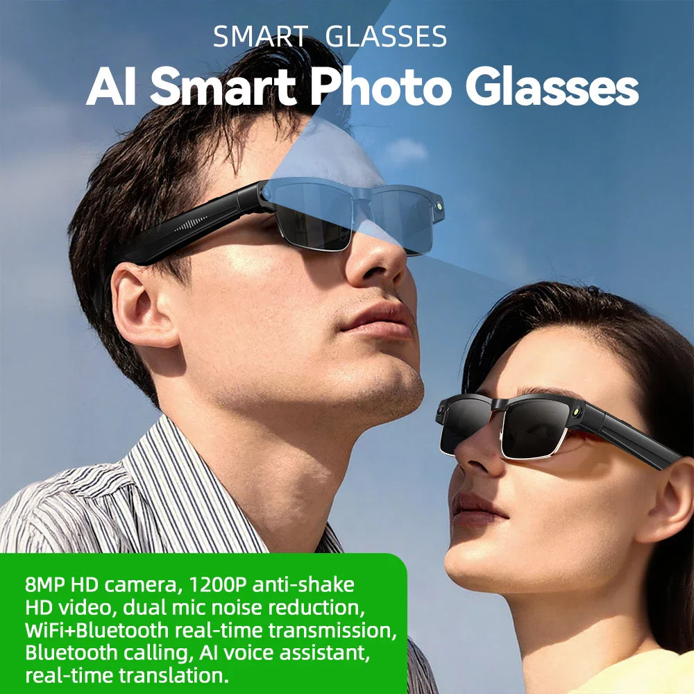 AI Smart Camera Glasses — 8MP with Bluetooth for Calls & Music, Object Recognition, and AI Translation