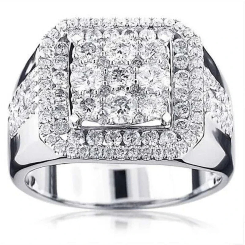 Hip Hop Iced Out Men Ring - Trendy Copper Pave CZ Geometry Jewelry with Bling Cubic Zirconia Design
