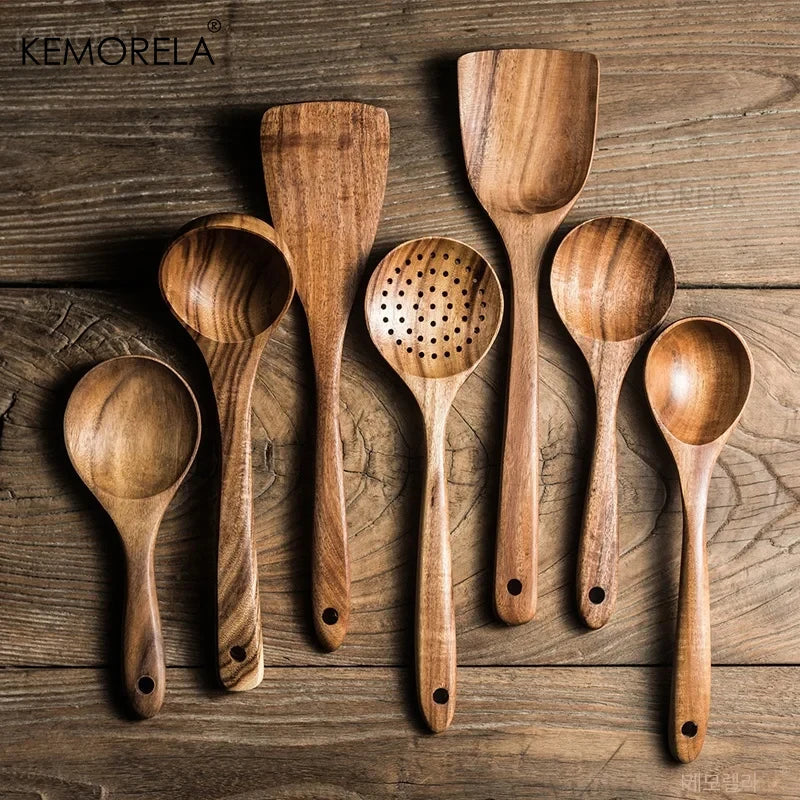 4/7/9PCS Teak Wooden Cooking Spoons Set – Kitchen Utensils with Holder