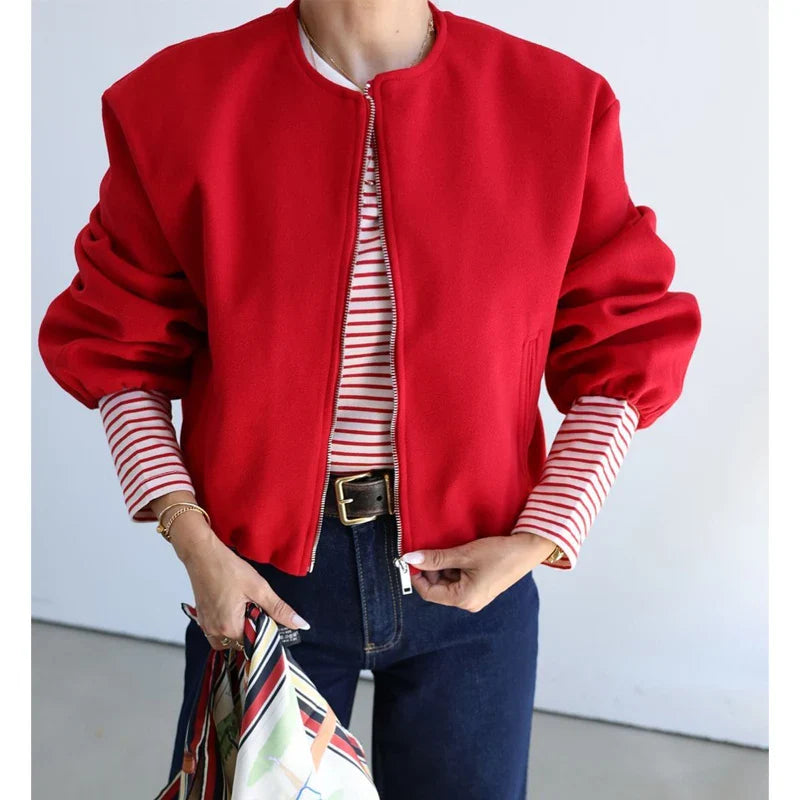 TRAF Women’s Red Zipper Bomber Jacket – Soft Cropped Sports Jacket, Long Sleeve 2024 Outerwear