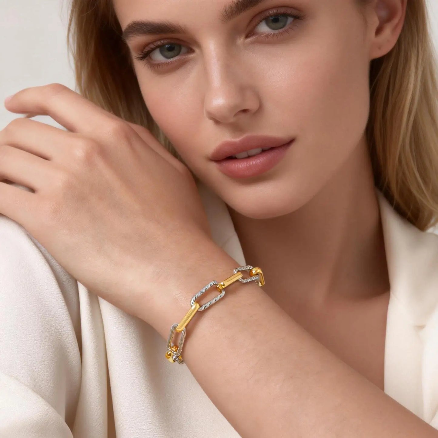 Women's Two-Tone Twist Paperclip Bracelet – Chunky Stainless Steel Adjustable 18K Gold Plated Link Jewelry