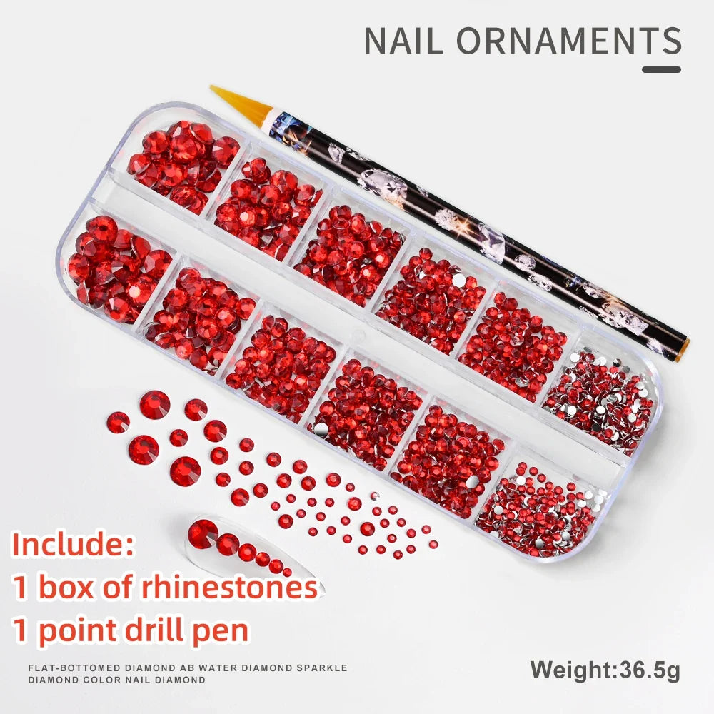 12-Grid 3D Glass AB Crystal Nail Art Rhinestones Kit – Flatback Round Beads with Tools for Nail Jewelry & Diamond Decoration