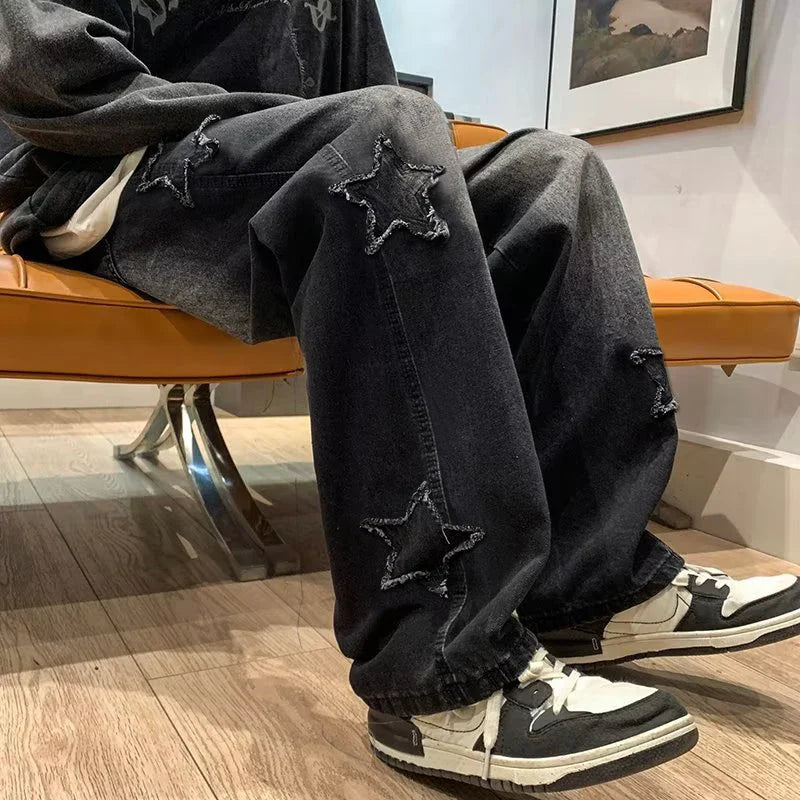 Stars Patchwork Men’s Jeans — Y2K Tassel Straight Hip Hop Streetwear Pants, Korean Fashion Trousers