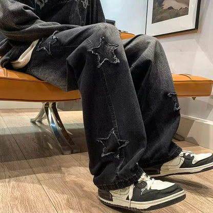 Stars Patchwork Men’s Jeans — Y2K Tassel Straight Hip Hop Streetwear Pants, Korean Fashion Trousers