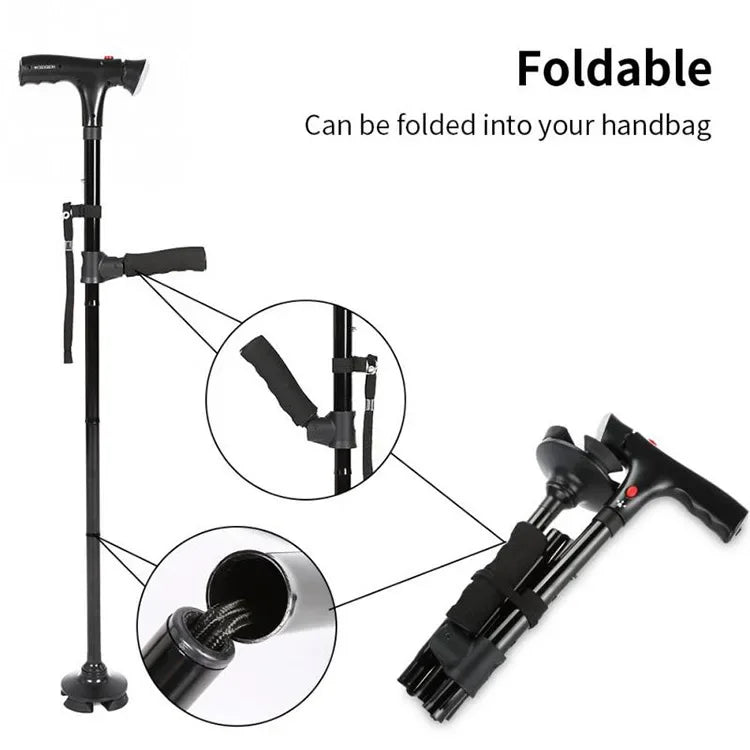 Collapsible Telescopic Cane with LED & Alarm — Folding Walking Stick for Elderly, Trusty Crutches for Seniors, Moms & Dads