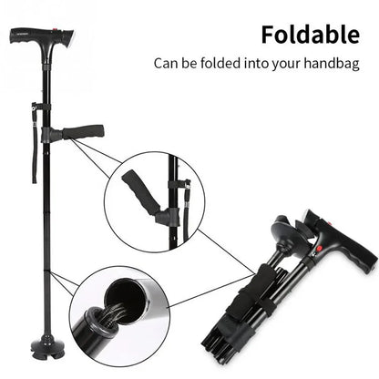 Collapsible Telescopic Cane with LED & Alarm — Folding Walking Stick for Elderly, Trusty Crutches for Seniors, Moms & Dads