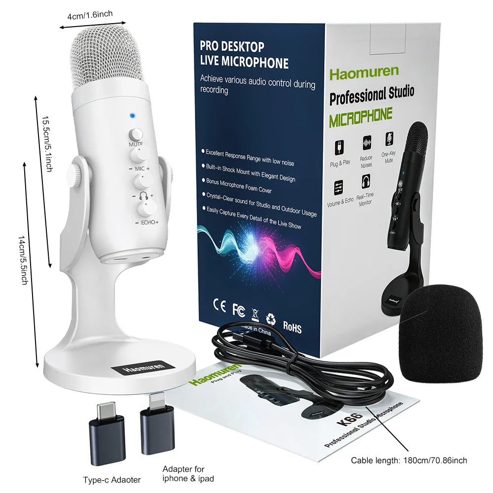 Haomuren Professional USB Condenser Microphone – White Studio Recording Mic for PC, Phone & Streaming